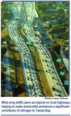 Miles-long traffic jams are typical on local highways, helping to make automobile emissions a significant contributor of nitrogen to Tampa Bay.