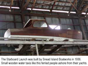 The Starboard Launch was built by Snead Island Boatworks in 1936. Small wooden water taxis like this ferried people ashore from their yachts.