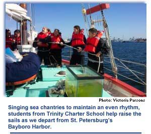 Singing sea chantries to maintain an even rhythm students from Trinity Charter School help raise the sails as we depart from St Petersburgs Bayboro Harbor