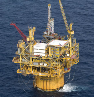 Aerial view of oil rig in the Gulf of Mexico