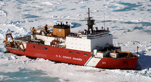 U.S. Coast Guard Cutter Healy navigates icy waters in the Arctic Ocean.  