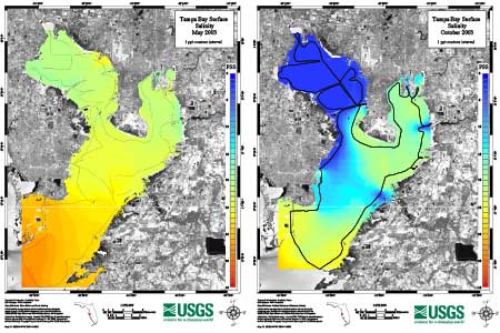 Tampa Bay Surface Salinity — (High) May, 2003 Vs. (Low) October, 2003
