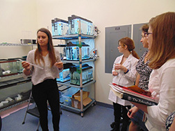 Eckerd College students explain how they tested shampoo ingredients on zebra fish to Denise Flaherty (far right) and Autumn Blum (second from right). Photo by Victoria Parsons.