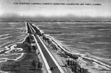 Construction on the Courtney Campbell Causeway began in thr 1920s as a for-profit bridge built by the owner of dredging company. Photo by Burgert Brothers, courtesy of the Hillsborough County Public Libary